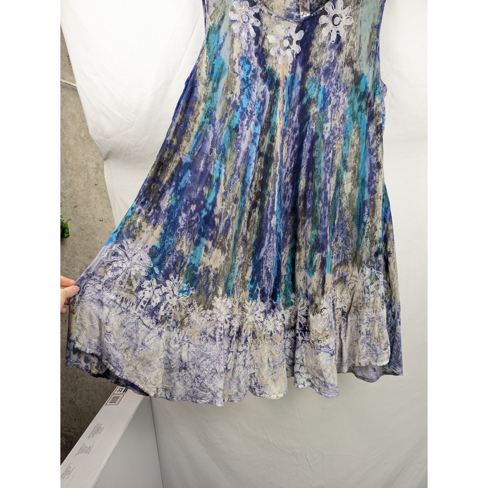 Y2K Earthy Tie Dye Floral Embroidered Dress Blue Purple Boho Hippie Indie Grunge - Picture 3 of 10